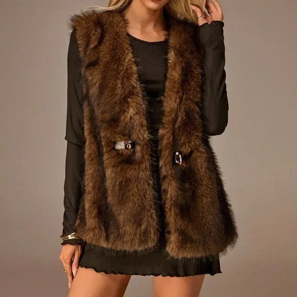 Brown Casual Women's Waist Buckle Faux Fur Vest Jacket - Picture 3 of 8